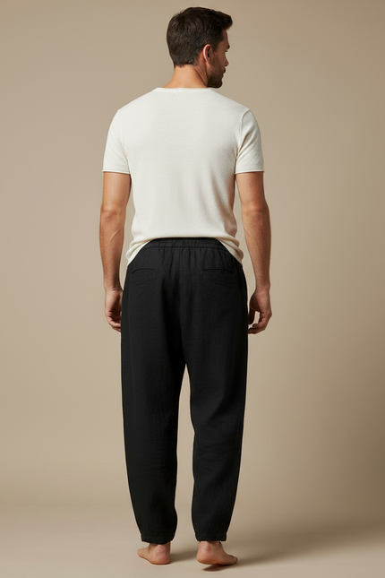 Pantalon Japonais Noir Fluide Ample Cordon Décontracté Homme - Lin - vue 2