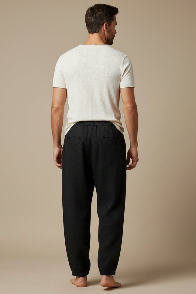 Pantalon Japonais Noir Fluide Ample Cordon Décontracté Homme - Lin - vue 2
