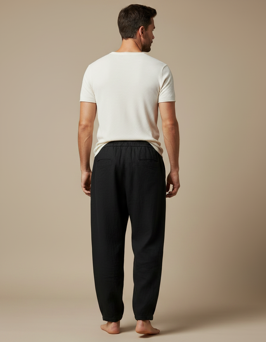 Pantalon Japonais Noir Fluide Ample Cordon Décontracté Homme - Lin - vue 2