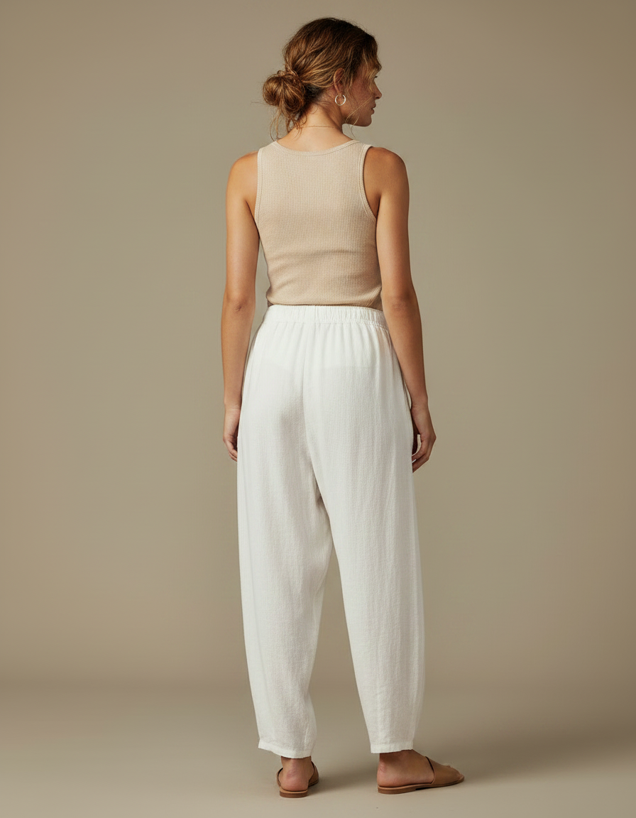Pantalon Japonais Blanc Ample Lin Décontracté Fluide - vue 2