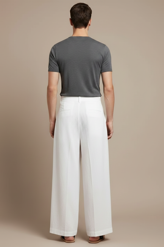 Pantalon Japonais Blanc Ample Plissé Décontracté Homme - Lin - vue 2