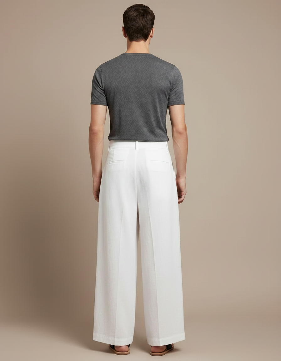 Pantalon Japonais Blanc Ample Plissé Décontracté Homme - Lin - vue 2