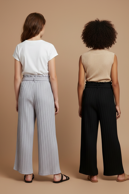 Pantalon Japonais Plissé Ample Décontracté Fille - Gris Maille - vue 2