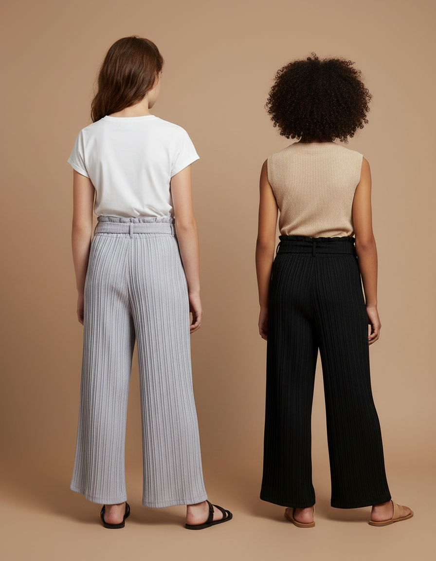 Pantalon Japonais Plissé Ample Décontracté Fille - Gris Maille - vue 2