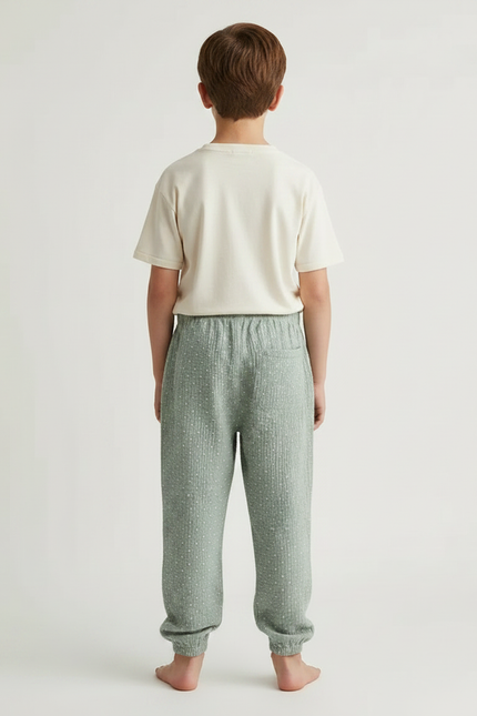 Pantalon Japonais Vert Ample Coton Enfant Points Blancs - vue 2