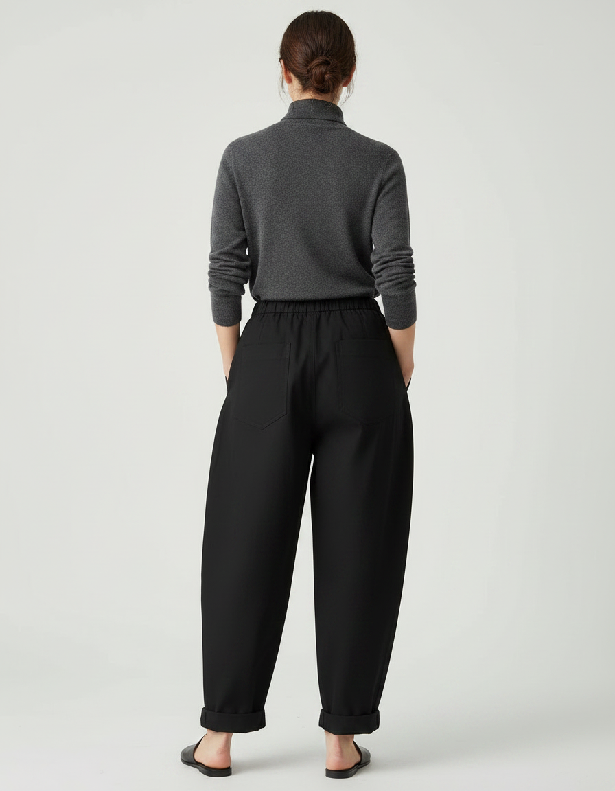 Pantalon Japonais Noir Ample Fluide Élastique Décontracté Femme - Viscose - vue 2