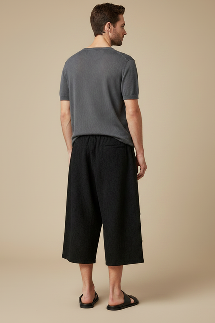 Pantalon Japonais Noir Lin Ample Boutons Décontracté - vue 2