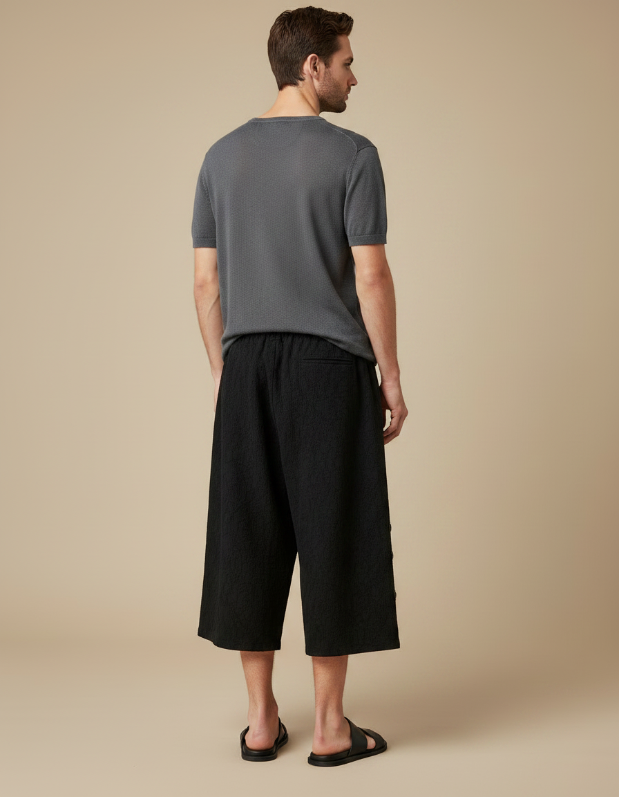 Pantalon Japonais Noir Lin Ample Boutons Décontracté - vue 2