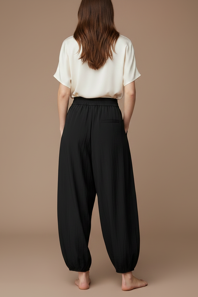 Pantalon Japonais Noir Fluide Ample Décontracté - Viscose - vue 2
