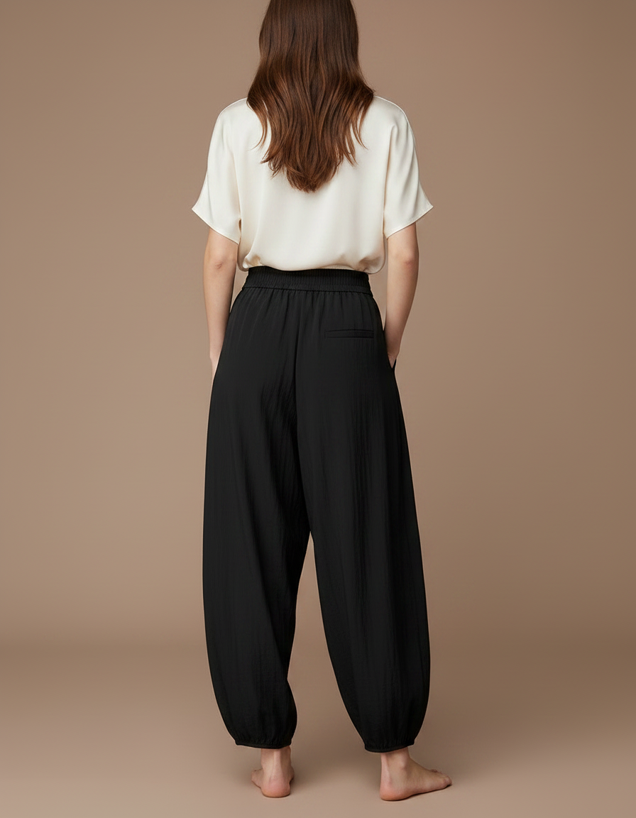 Pantalon Japonais Noir Fluide Ample Décontracté - Viscose - vue 2