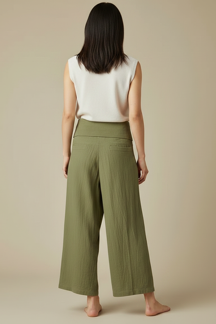Pantalon Japonais Vert Ample Lin Coton Fluide - Kaki - vue 2