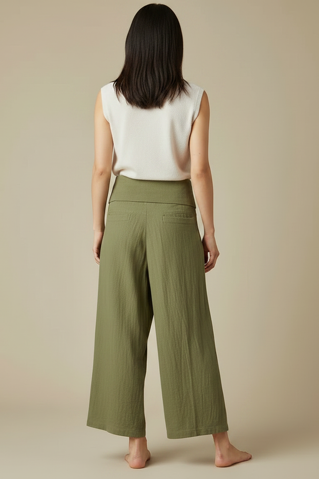 Pantalon Japonais Vert Ample Lin Coton Fluide - Kaki - vue 2