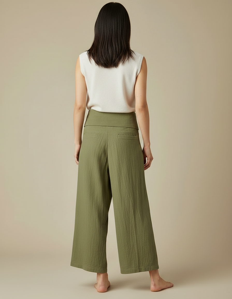 Pantalon Japonais Vert Ample Lin Coton Fluide - Kaki - vue 2