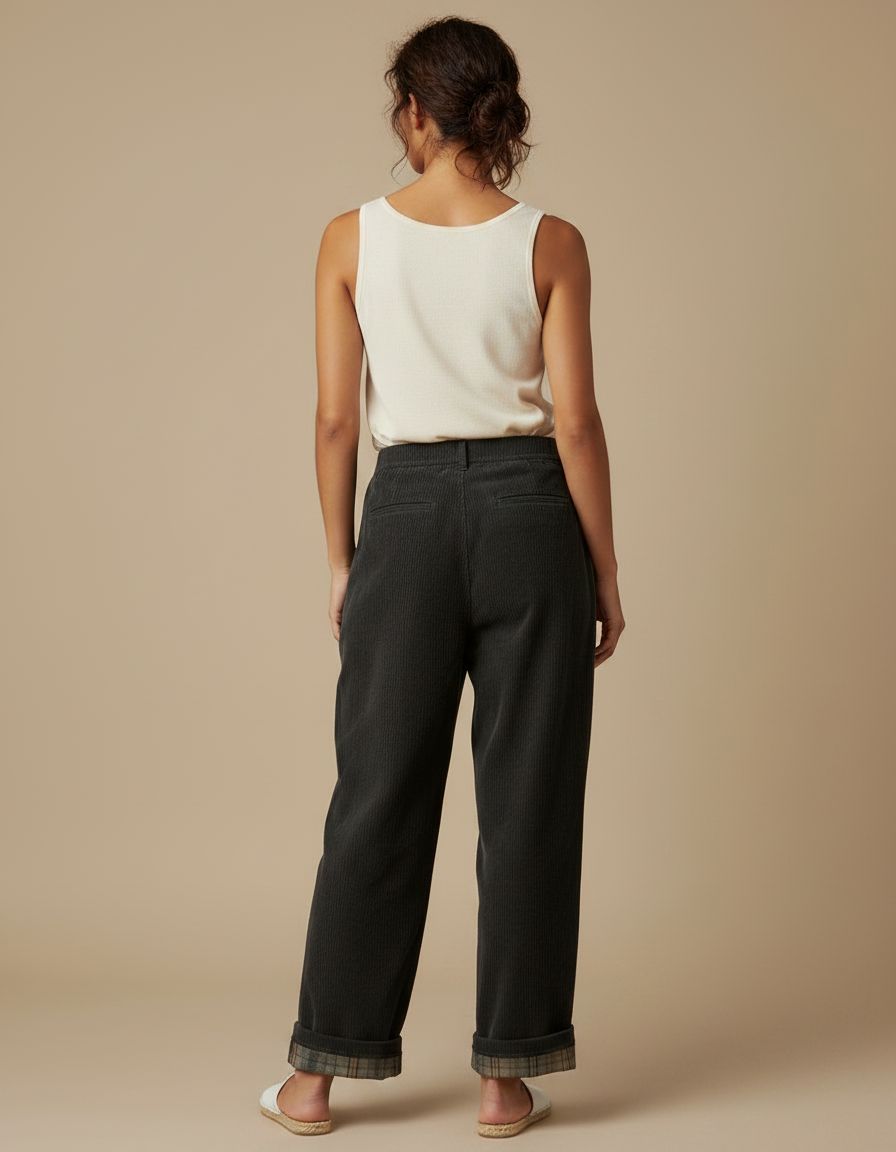 Pantalon Japonais Velours Côtelé Ample Décontracté Carreaux - Gris Cordé - vue 2