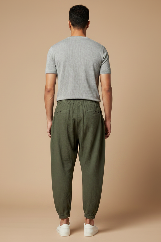 Pantalon Japonais Vert Ample Coton Lin Décontracté Homme - Kaki - vue 2