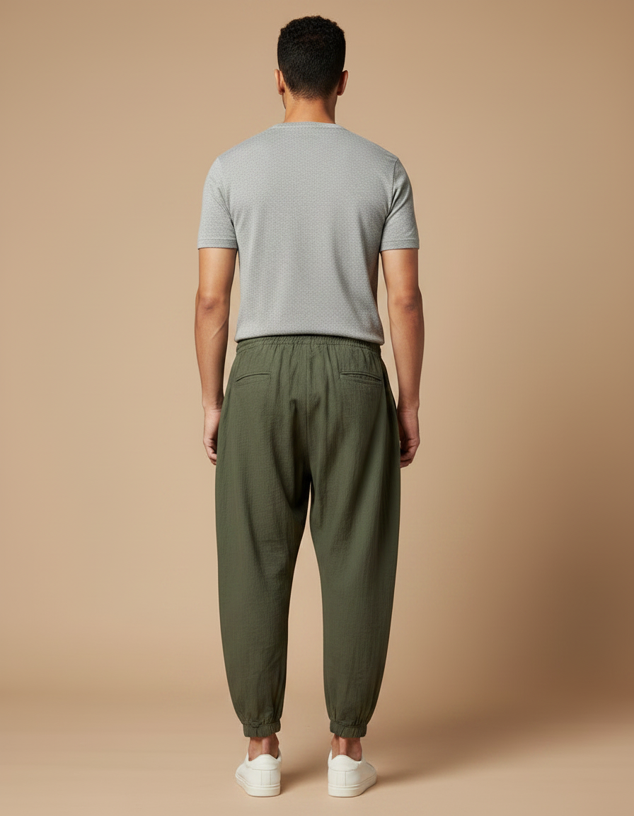 Pantalon Japonais Vert Ample Coton Lin Décontracté Homme - Kaki - vue 2