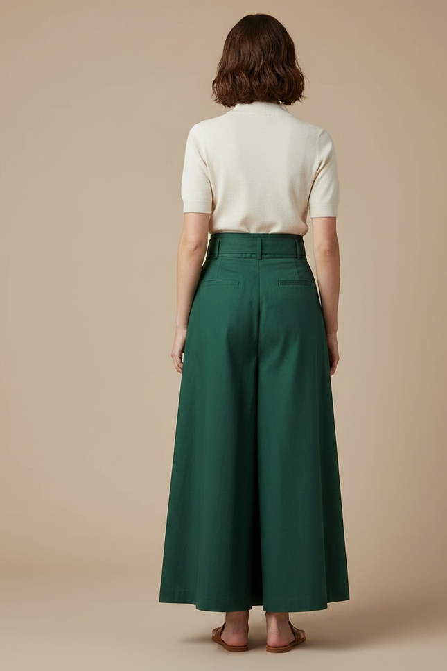 Pantalon Japonais Vert Plissé Ample Taille Haute Ceinture - Gabardine - vue 2