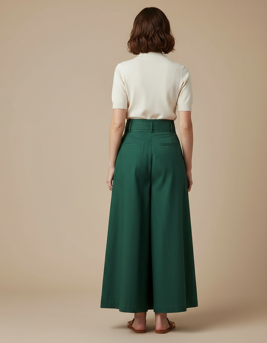Pantalon Japonais Vert Plissé Ample Taille Haute Ceinture - Gabardine - vue 2