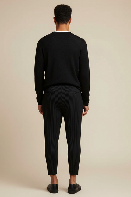 Pantalon Japonais Noir Plissé Droit Court Élégant - Polyester - vue 2