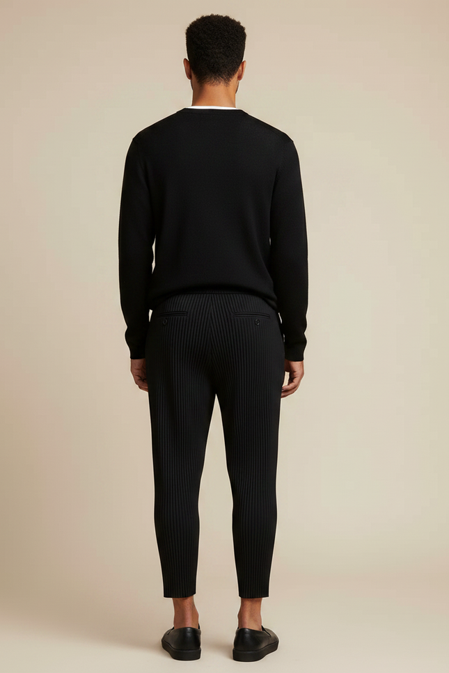 Pantalon Japonais Noir Plissé Droit Court Élégant - Polyester - vue 2