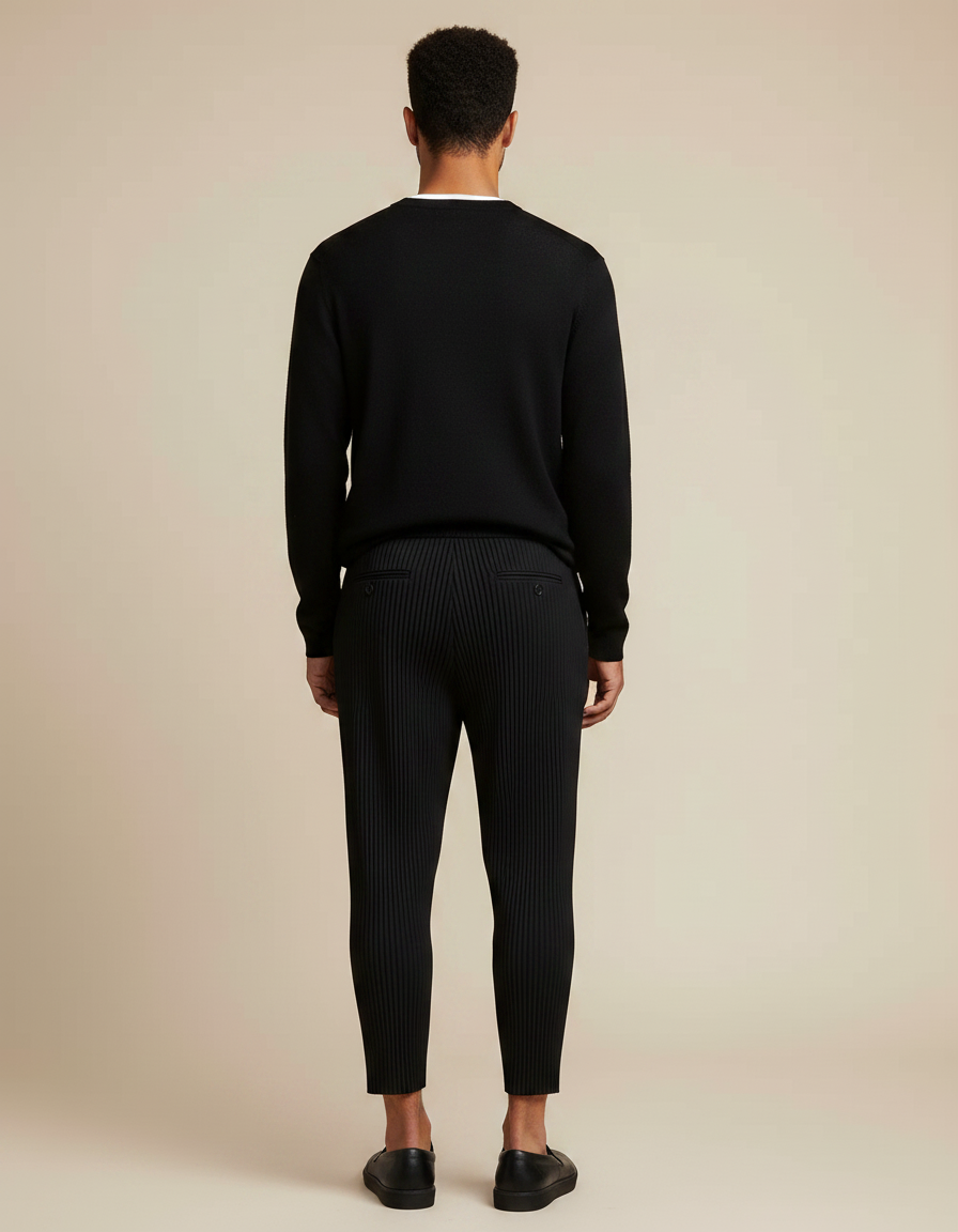Pantalon Japonais Noir Plissé Droit Court Élégant - Polyester - vue 2
