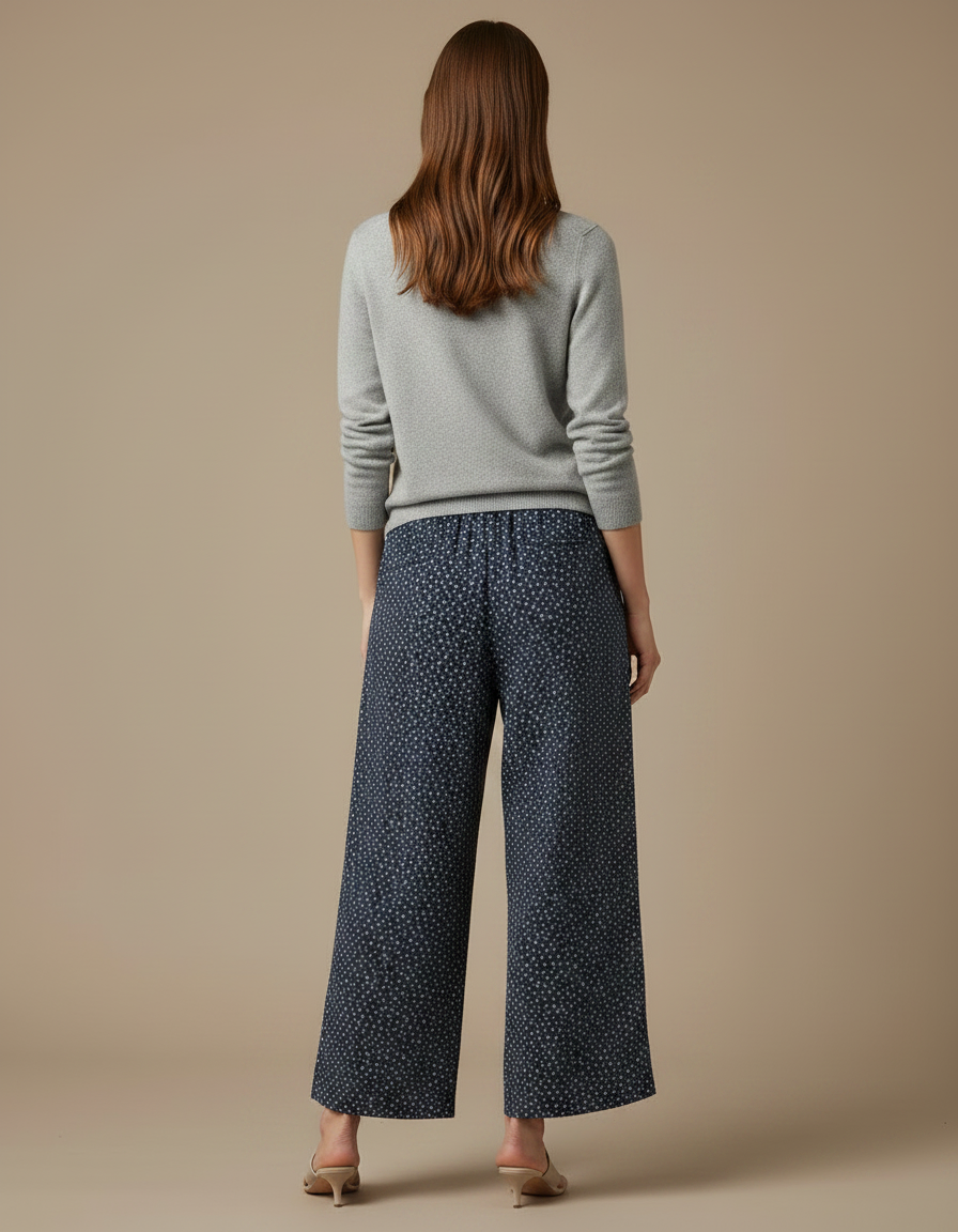 Pantalon Japonais Bleu Fleuri Ample Fluide Femme - Marine Viscose - vue 2