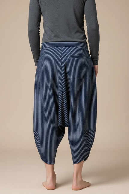 Pantalon Japonais Rayé Bleu Ample Coton Lin - Marine - vue 2