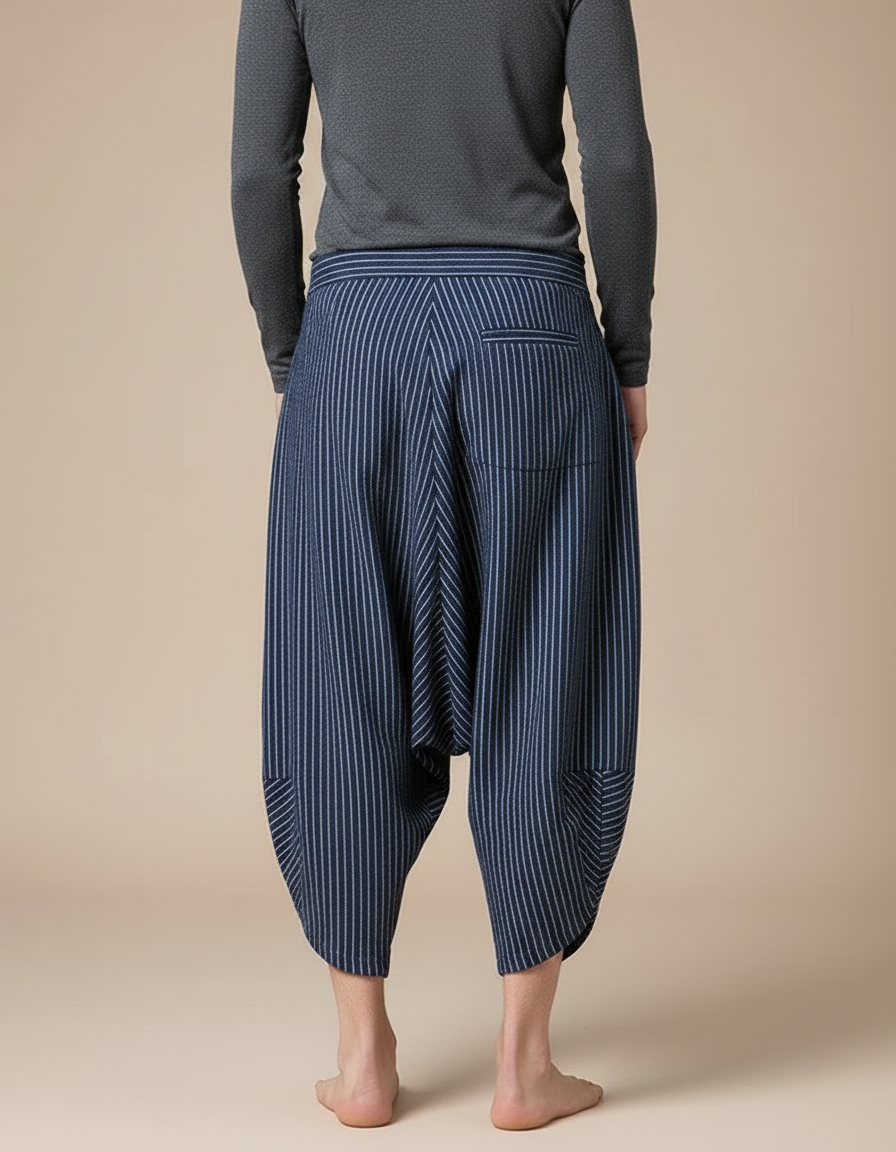 Pantalon Japonais Rayé Bleu Ample Coton Lin - Marine - vue 2