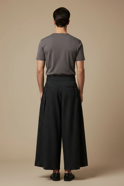 Pantalon Japonais Noir Rayé Plissé Ample Ceinturé Homme - Polyester - vue 2