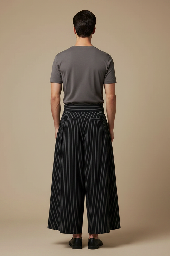 Pantalon Japonais Noir Rayé Plissé Ample Ceinturé Homme - Polyester - vue 2