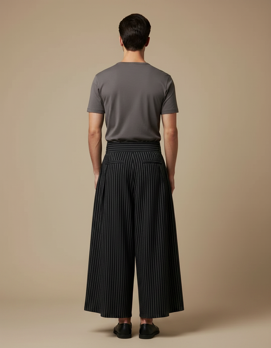 Pantalon Japonais Noir Rayé Plissé Ample Ceinturé Homme - Polyester - vue 2