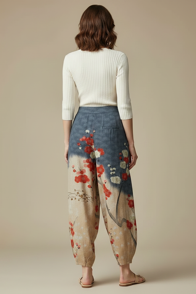 Pantalon Japonais Fleuri Ample Bohème Décontracté - Multicolore Lin - vue 2