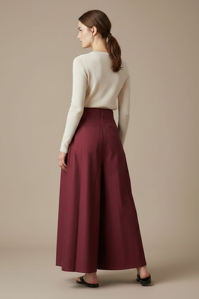 Pantalon Japonais Plissé Bordeaux Ample Élégant Ceinturé - Gabardine - vue 2