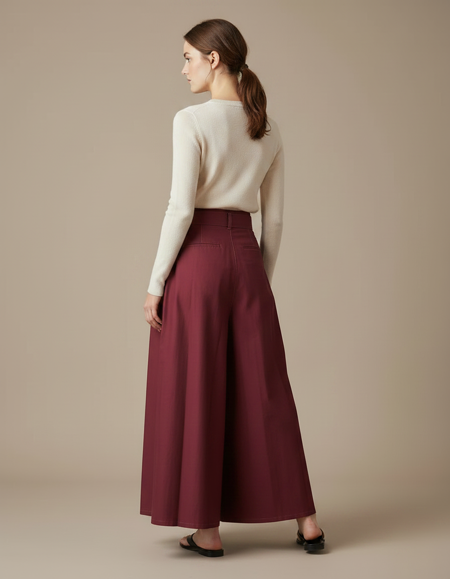 Pantalon Japonais Plissé Bordeaux Ample Élégant Ceinturé - Gabardine - vue 2