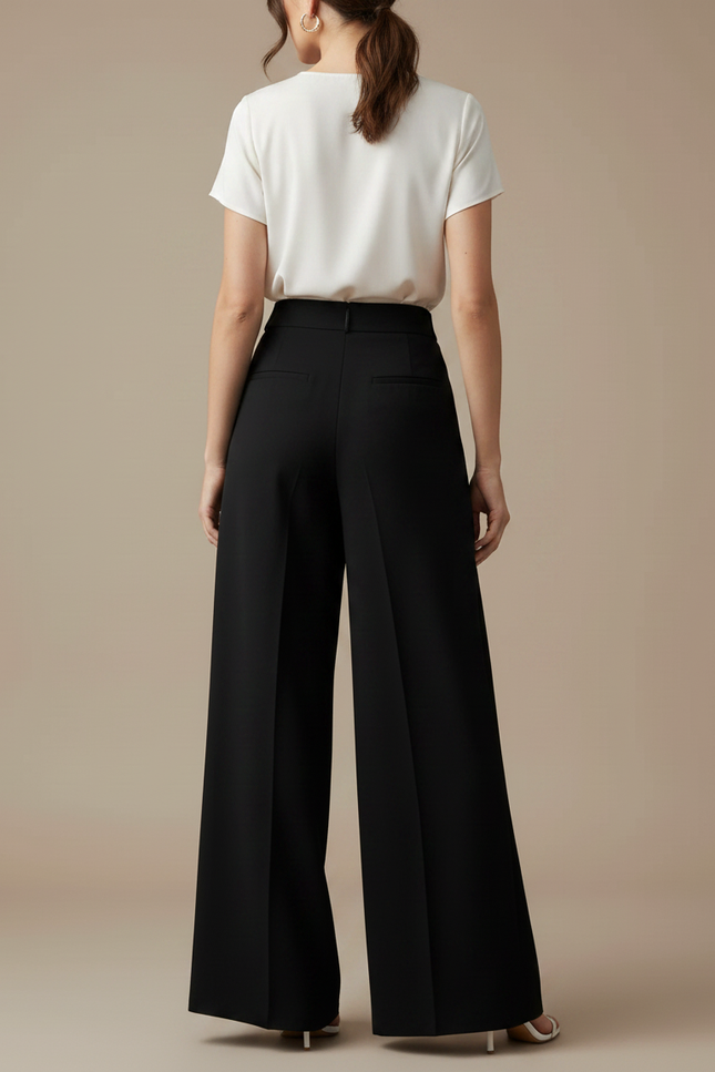 Pantalon Japonais Noir Fluide Ample Élégant Taille Haute - Polyester - vue 2