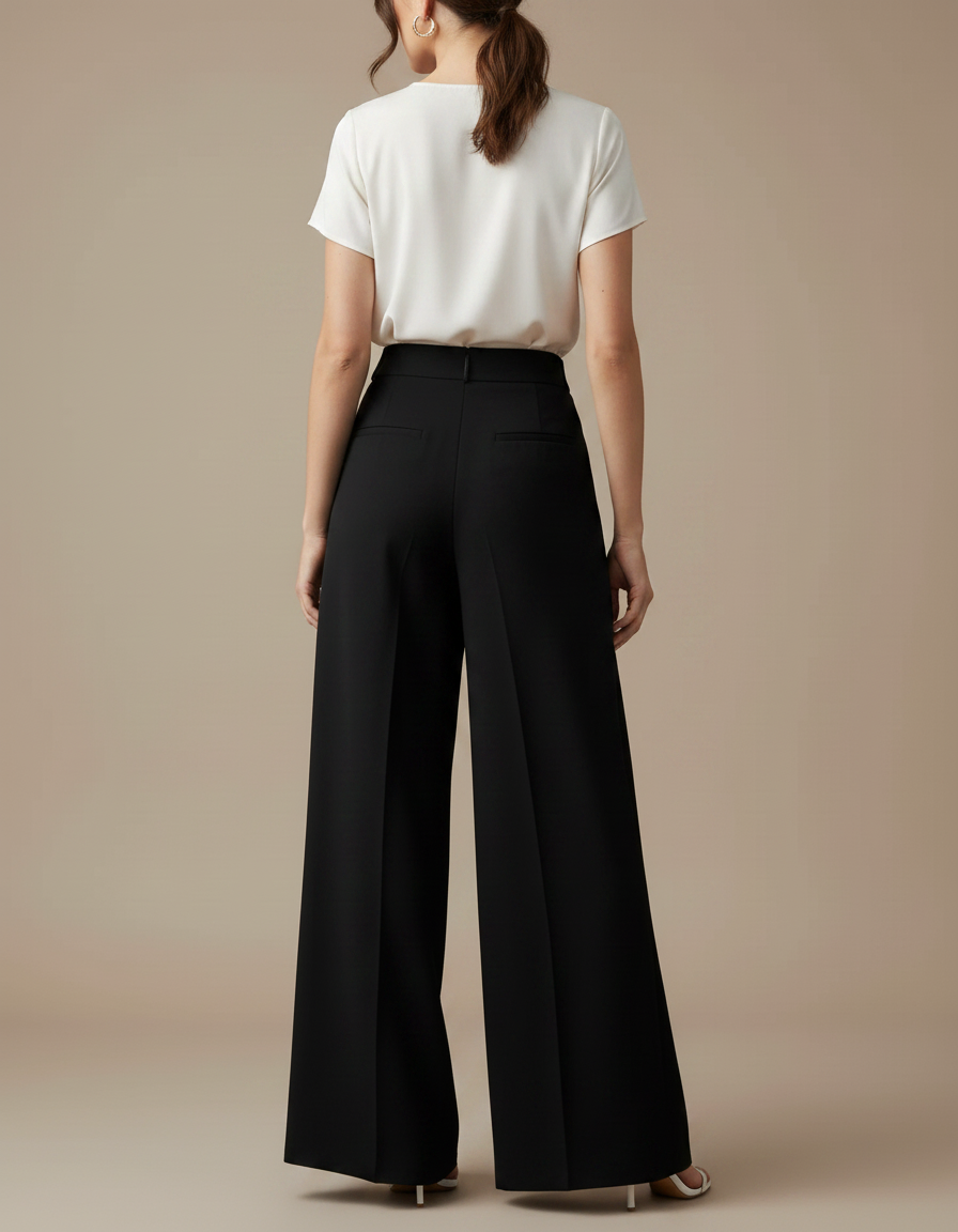 Pantalon Japonais Noir Fluide Ample Élégant Taille Haute - Polyester - vue 2
