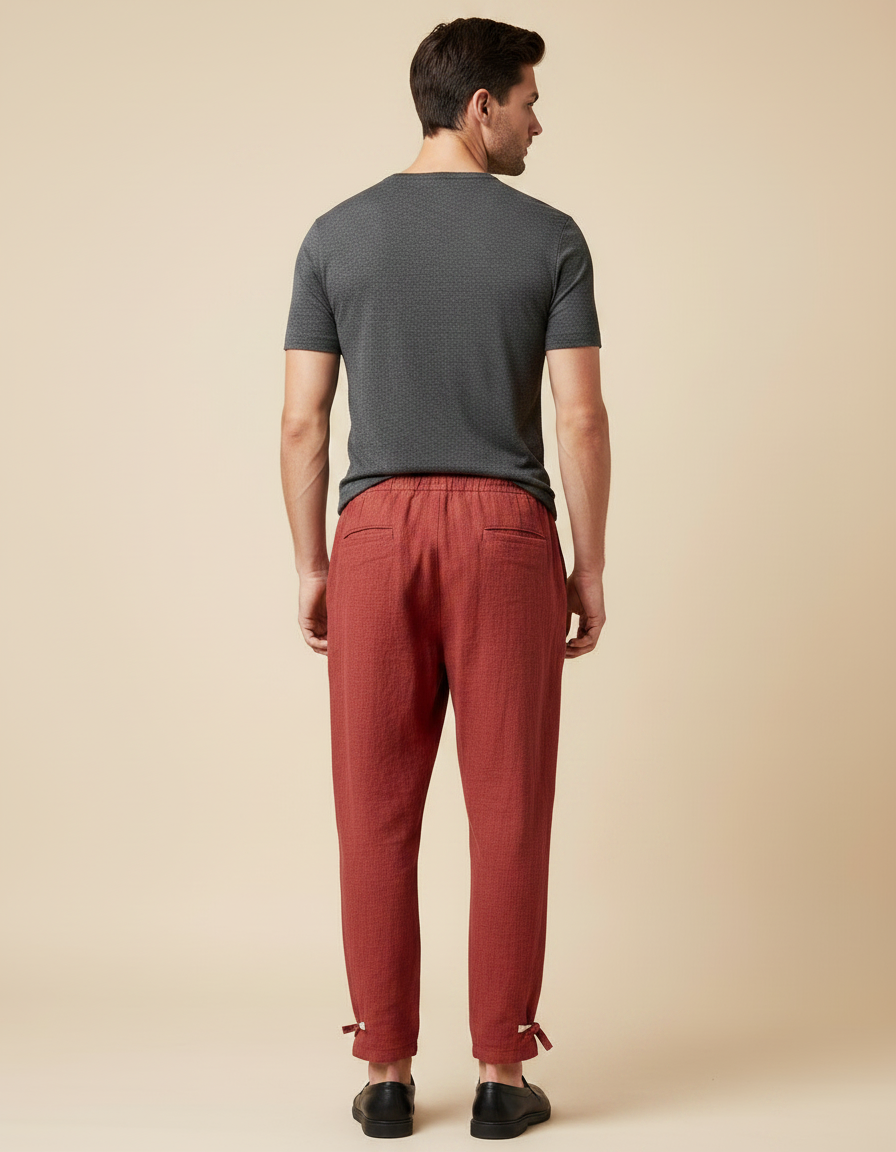 Pantalon Japonais Rouge Ample Coton Texturé Décontracté - vue 2