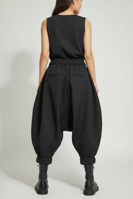 Pantalon Japonais Noir Ample Harem Décontracté Fluide - Polyester - vue 2