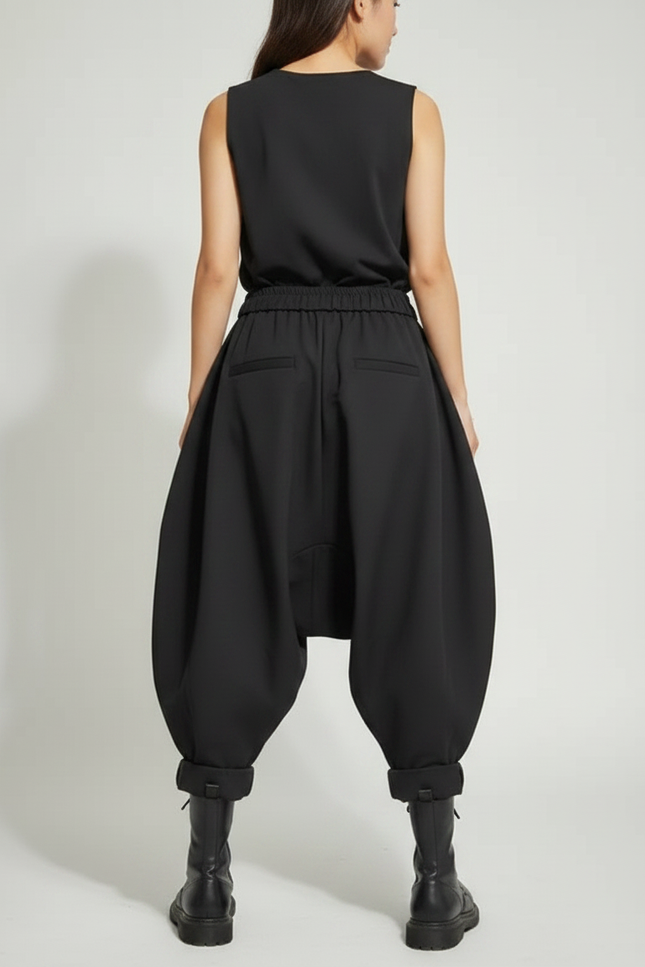 Pantalon Japonais Noir Ample Harem Décontracté Fluide - Polyester - vue 2
