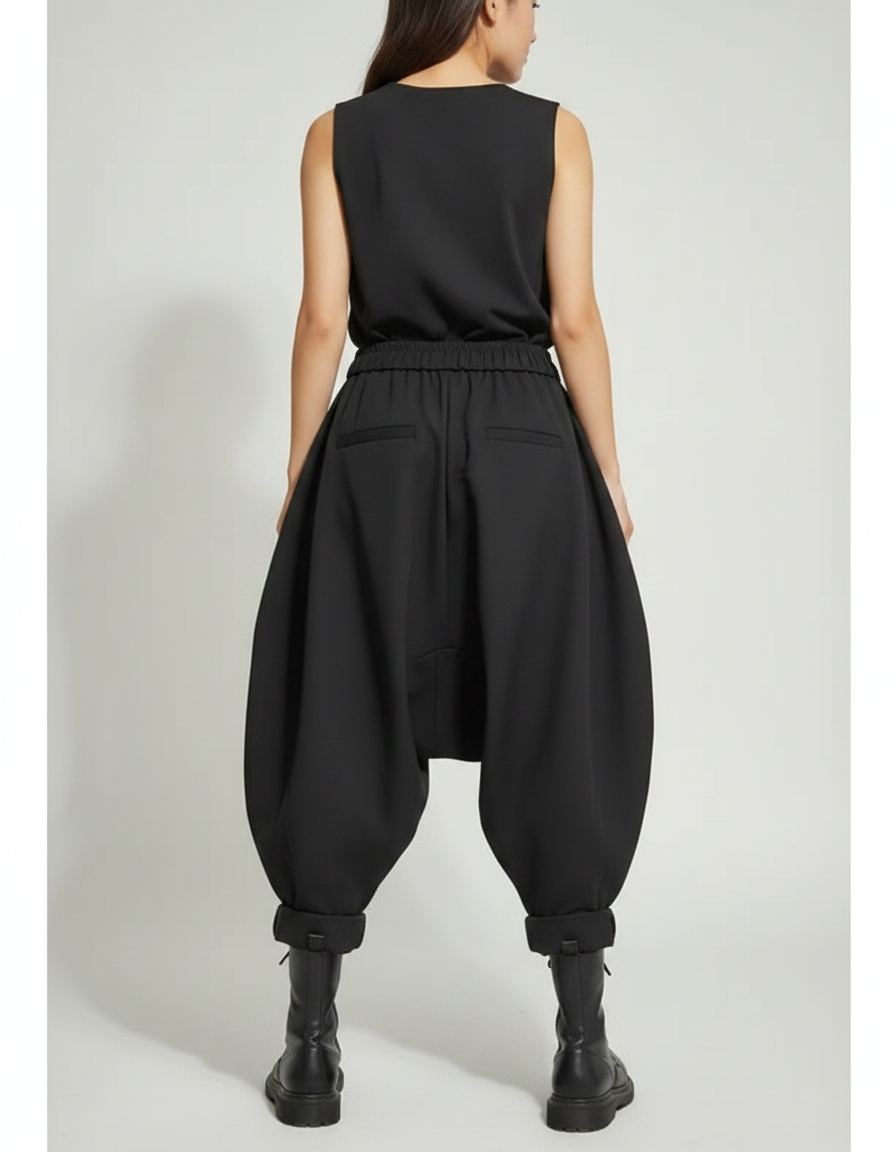 Pantalon Japonais Noir Ample Harem Décontracté Fluide - Polyester - vue 2