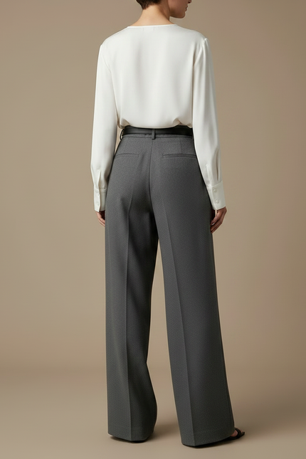 Pantalon Japonais Gris Anthracite Ample Plissé Taille Haute Femme - Gabardine - vue 2