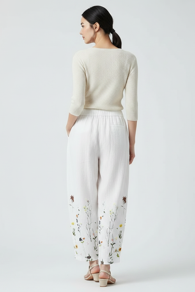 Pantalon Japonais Lin Blanc Ample Floral Femme - vue 2