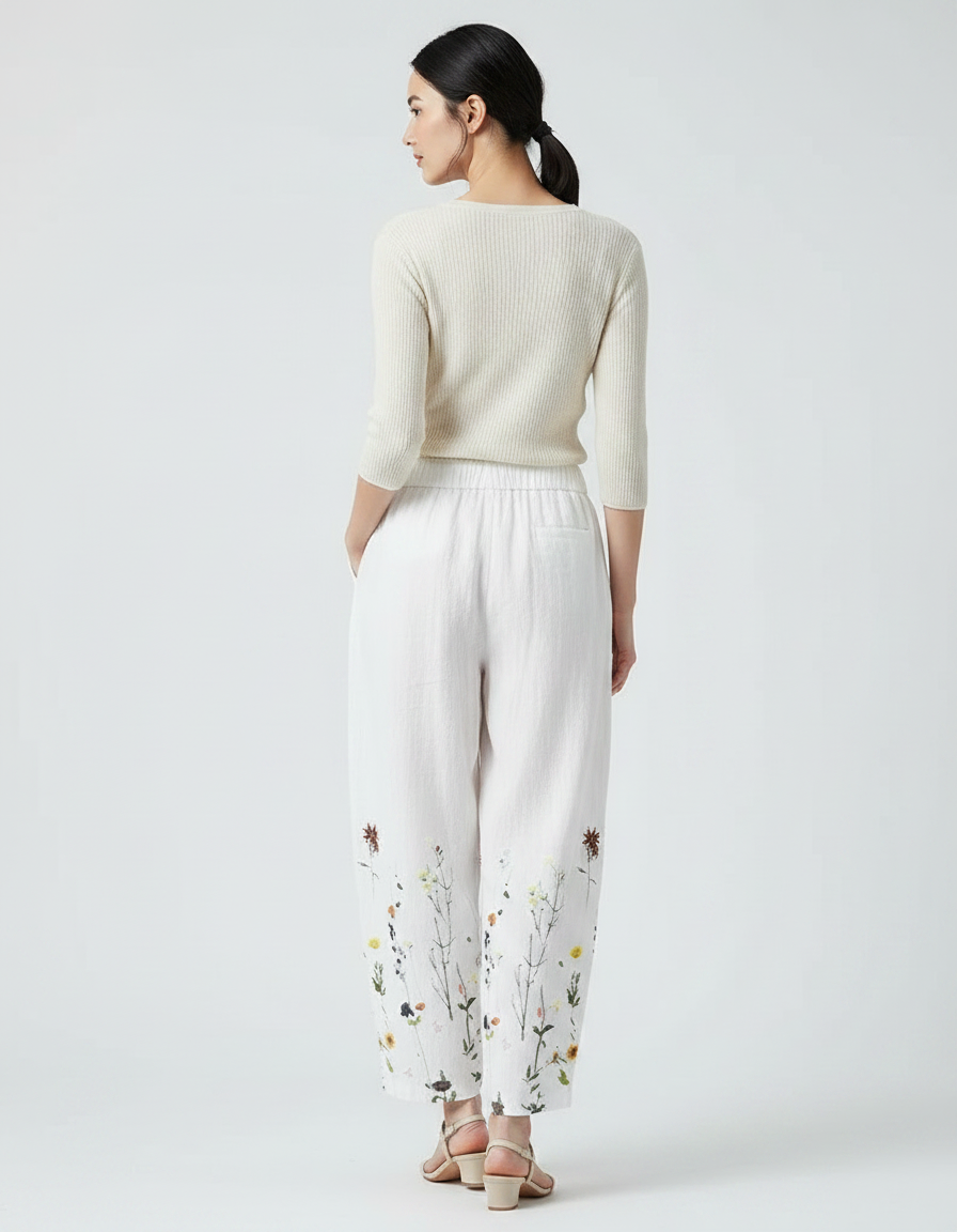 Pantalon Japonais Lin Blanc Ample Floral Femme - vue 2