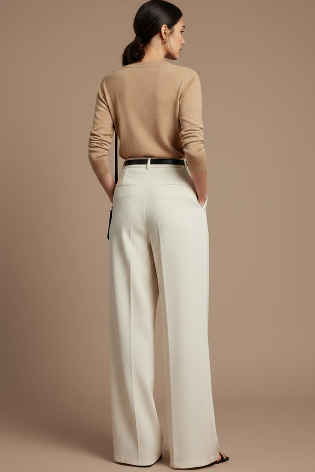 Pantalon Japonais Crème Ample Plissé Élégant Décontracté - Blanc Laine - vue 2