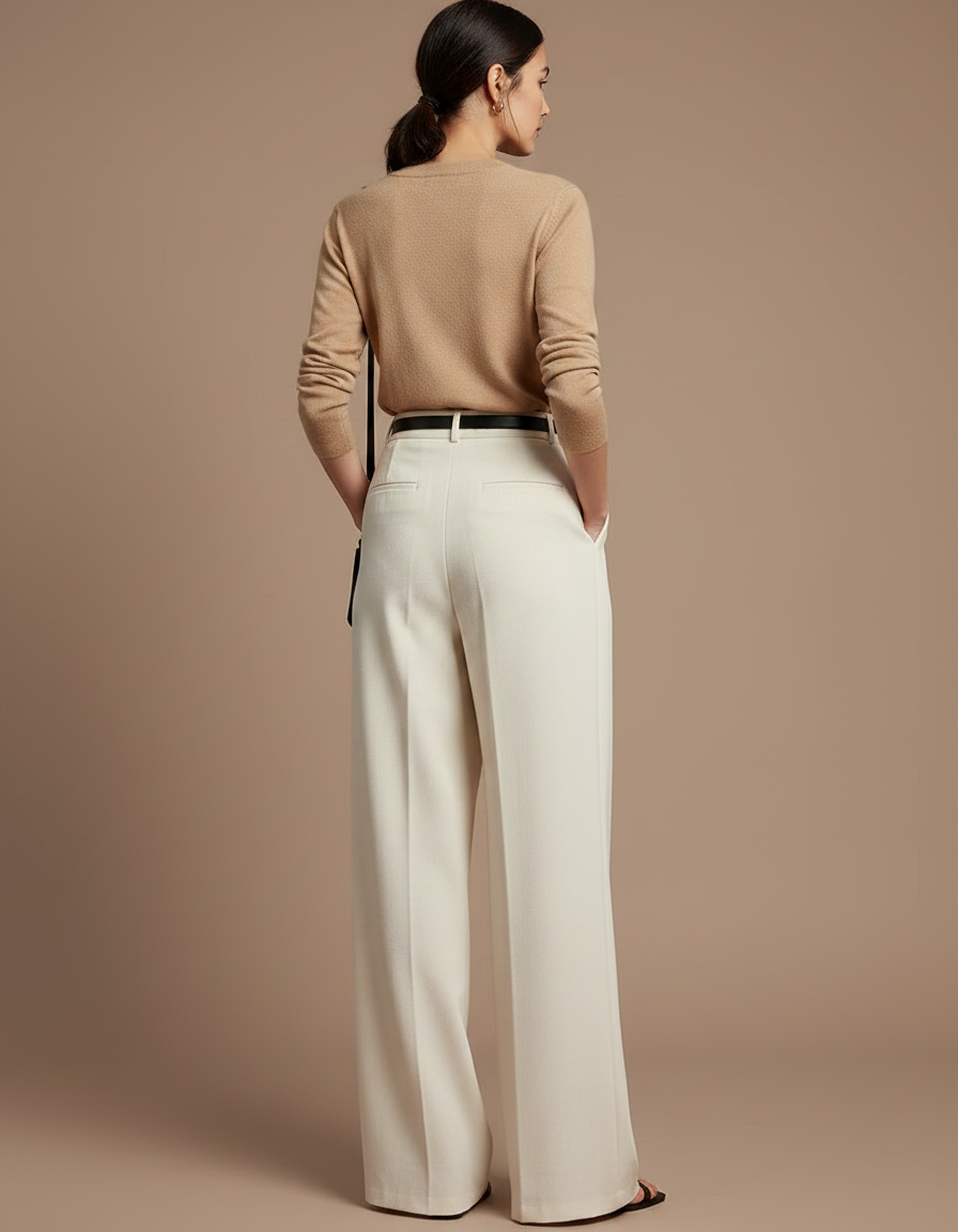 Pantalon Japonais Crème Ample Plissé Élégant Décontracté - Blanc Laine - vue 2
