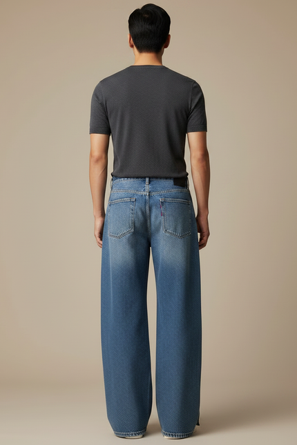 Pantalon Japonais Denim Ample Fendu Unisexe Décontracté - Bleu Jean - vue 2