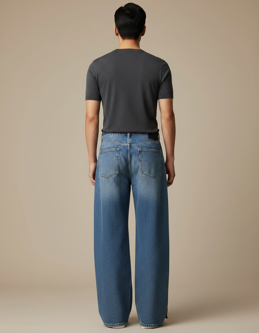 Pantalon Japonais Denim Ample Fendu Unisexe Décontracté - Bleu Jean - vue 2