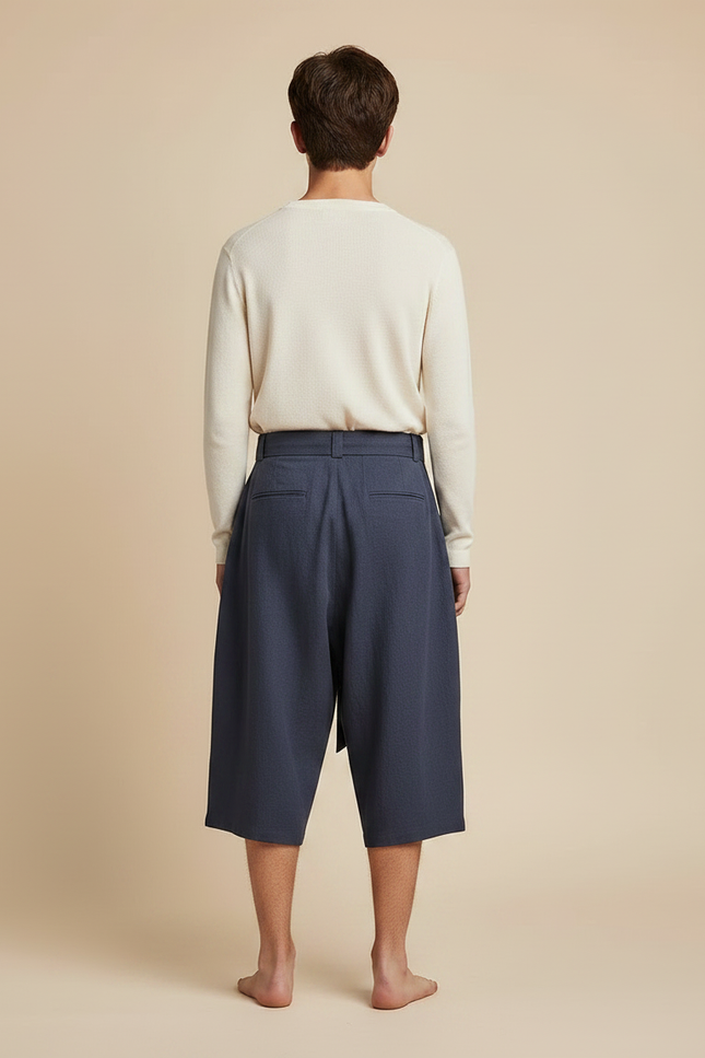 Pantalon Japonais Bleu Marine Ample Plissé Ceinturé - Lin - vue 2