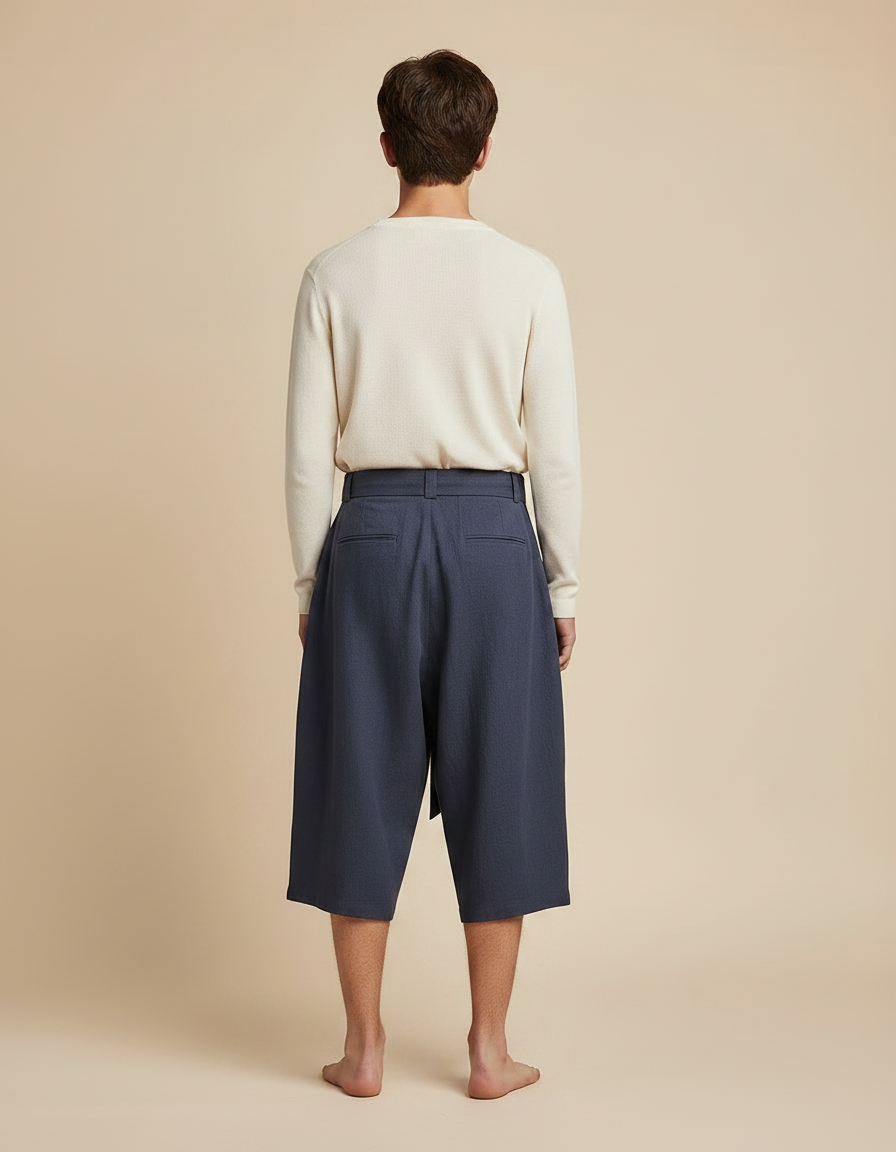 Pantalon Japonais Bleu Marine Ample Plissé Ceinturé - Lin - vue 2