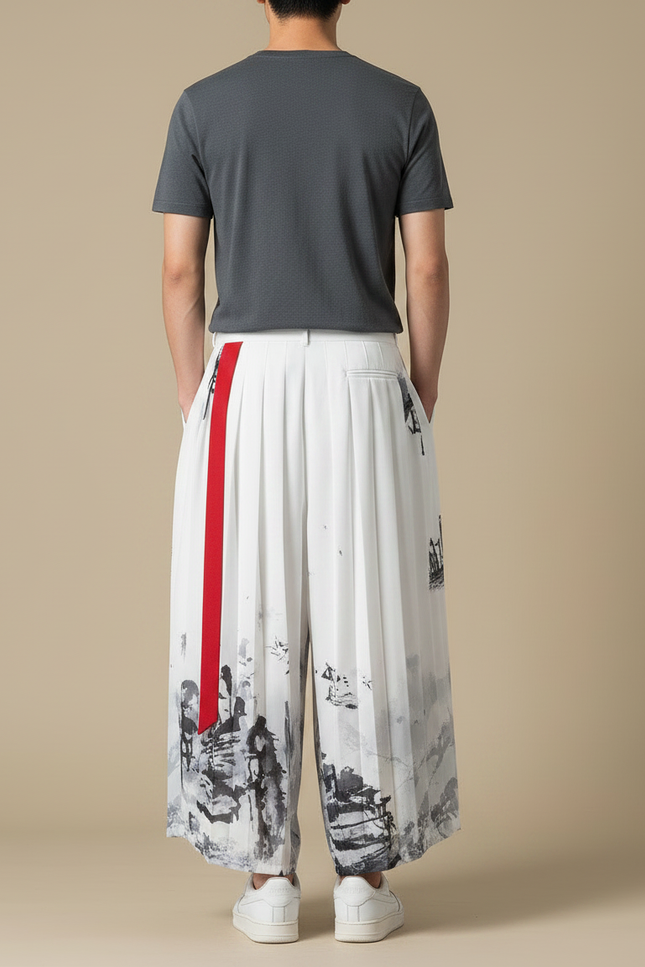 Pantalon Japonais Blanc Plissé Imprimé Encre Rouge - Polyester - vue 2